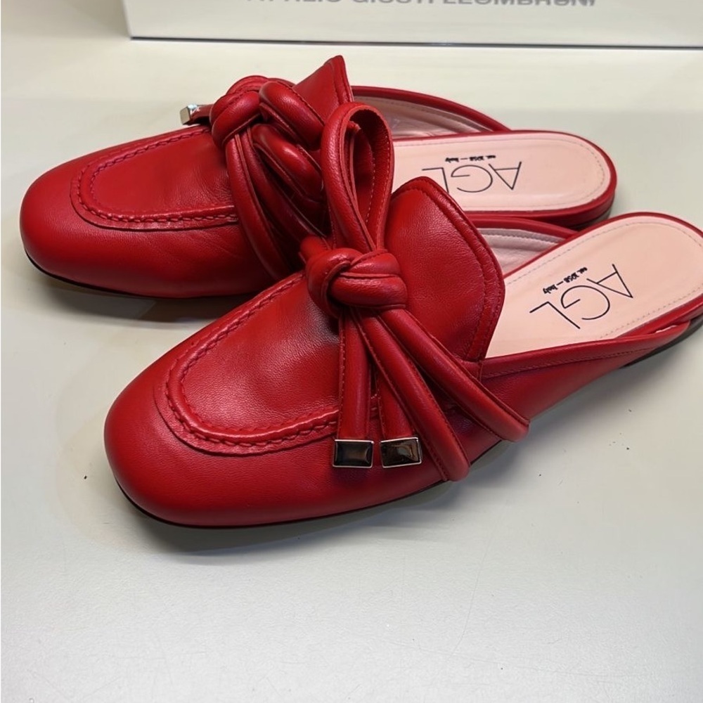 AGL Red Leather Knot Mule Flats | Italian Designer Slip On Shoes | NWT holiday - Picture 2 of 6